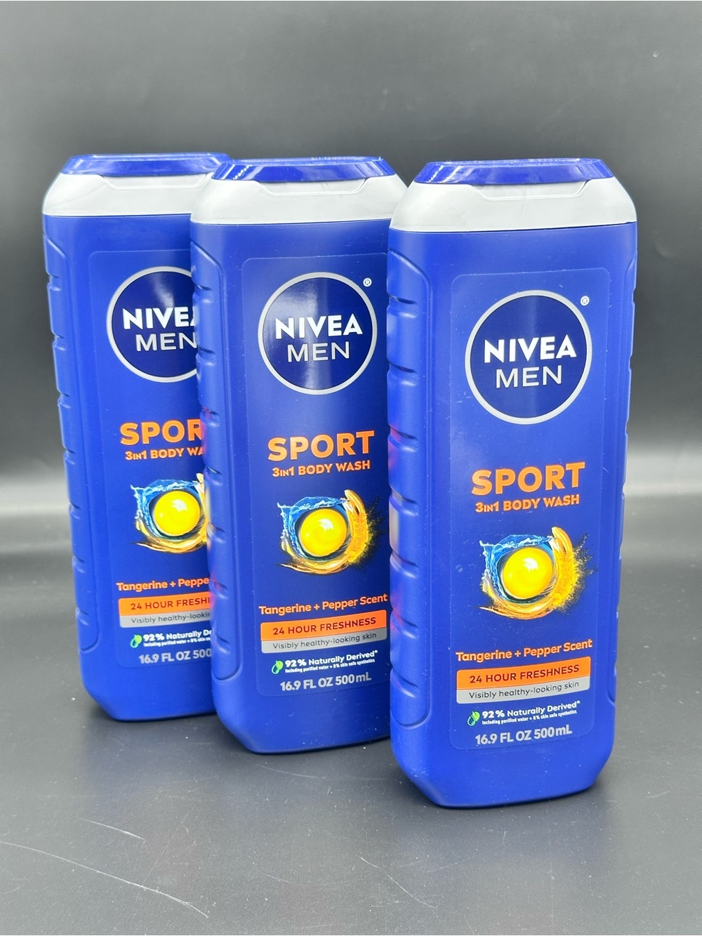 Lot of 3 NIVEA MEN Sport 3-in-1 Body Wash Tangerine + Pepper 16.9 oz NEW